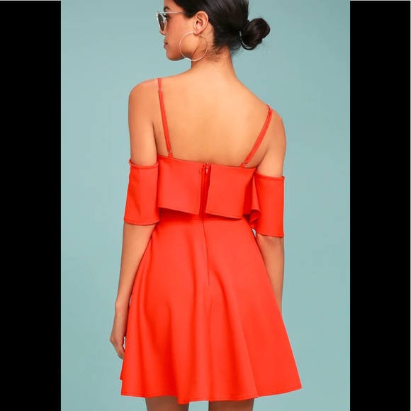 Lulu’s Waterfront Coral OTS Skater Dress - Picture 3 of 4